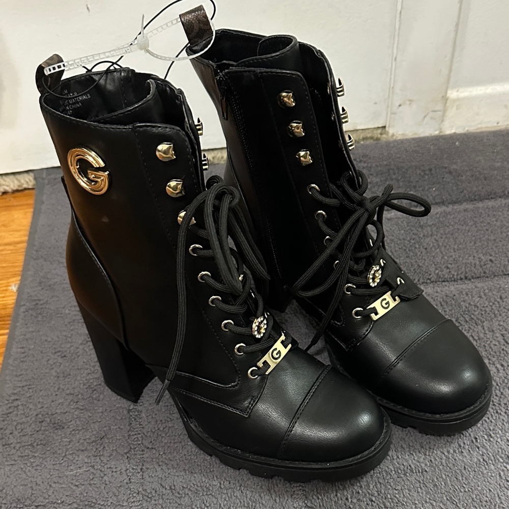 Black Ankle Boots with Gold Accents